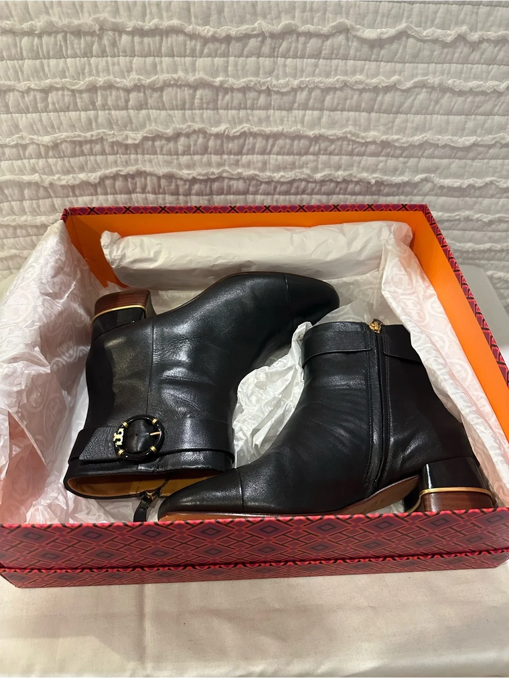 Tory Burch Multi Logo Heel Ankle Boot Goat Leather Black Size 7